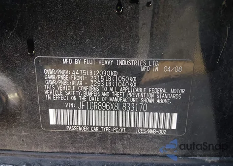 2008 Subaru Impreza Wrx Sti из США, поврежденный, VIN JF1GR896X8L833170